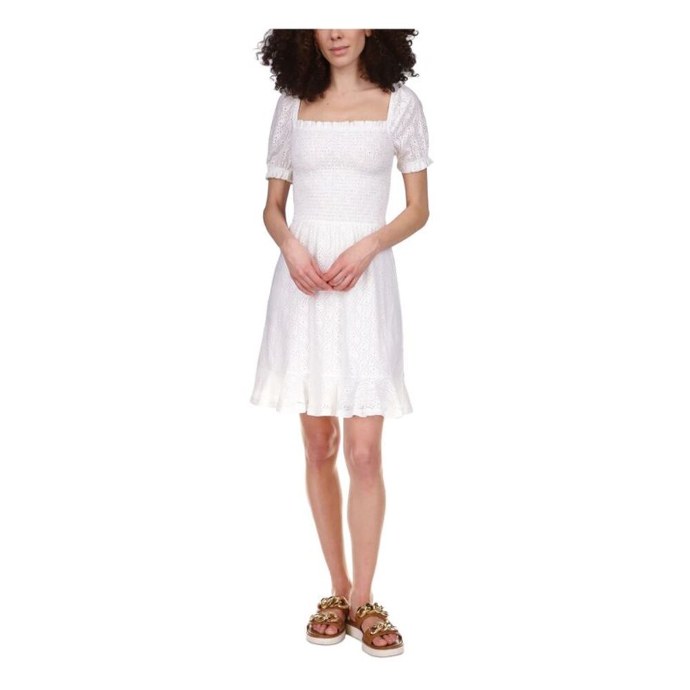 MICHAEL MICHAEL KORS Womens White Peasant Dress Logo Plate Pouf Sleeve Dress L